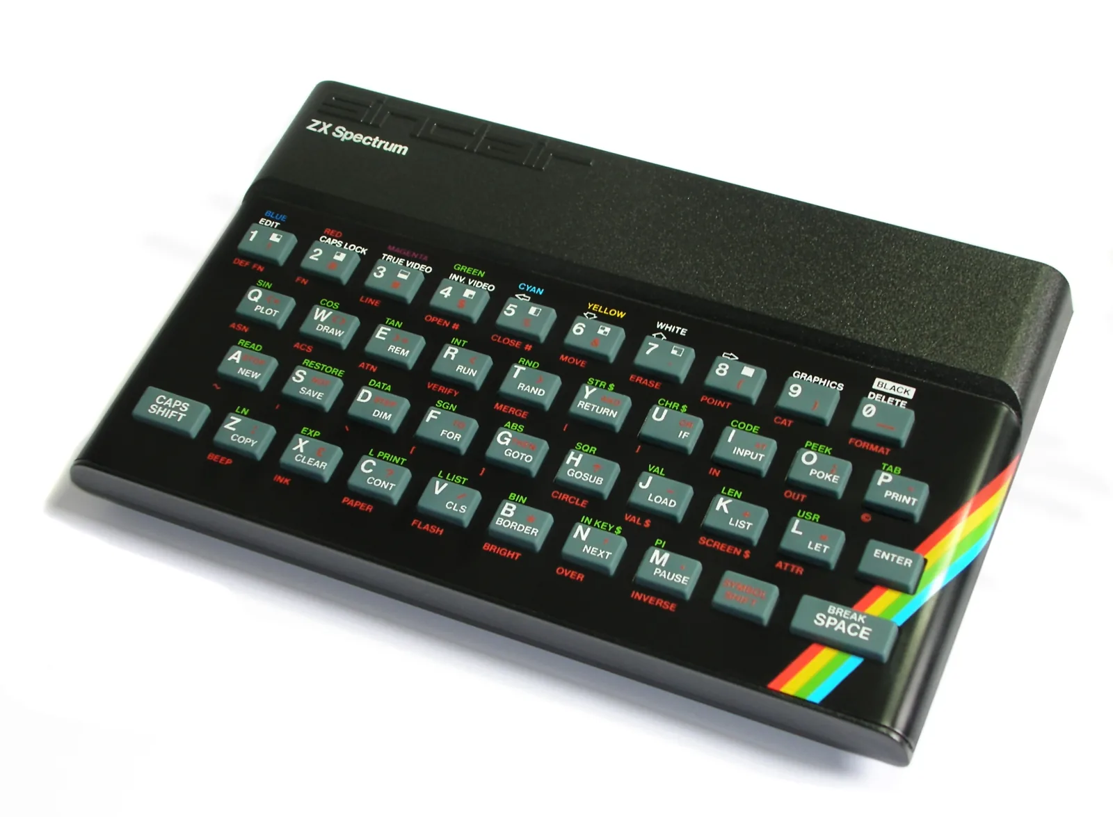 ZX Spectrum 48K con sus teclas de goma y la franja arcoiris